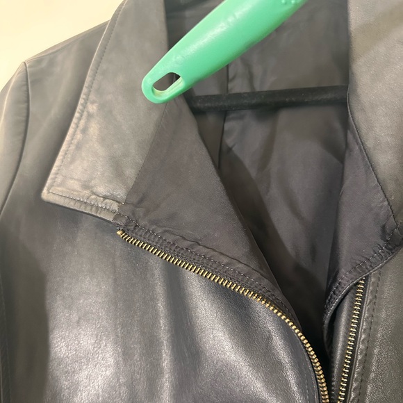 Eileen Fisher Leather black moto biker jacket Asymmetrical zip size small - Picture 16 of 16